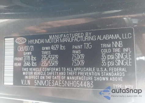 2022 Hyundai Tucson Limited z USA, uszkodzony, nr VIN 5NMJE3AE5NH054483